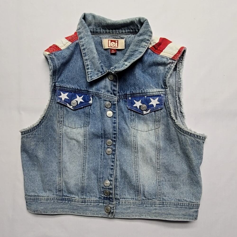LEI Denim Vest Stars Stripes American Flag Light Wash Blue Girls XL Western
